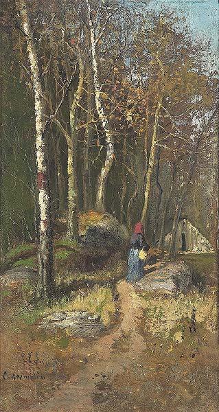 Olof Hermelin Varlandskap med kvinna vid skogsbryn Norge oil painting art
